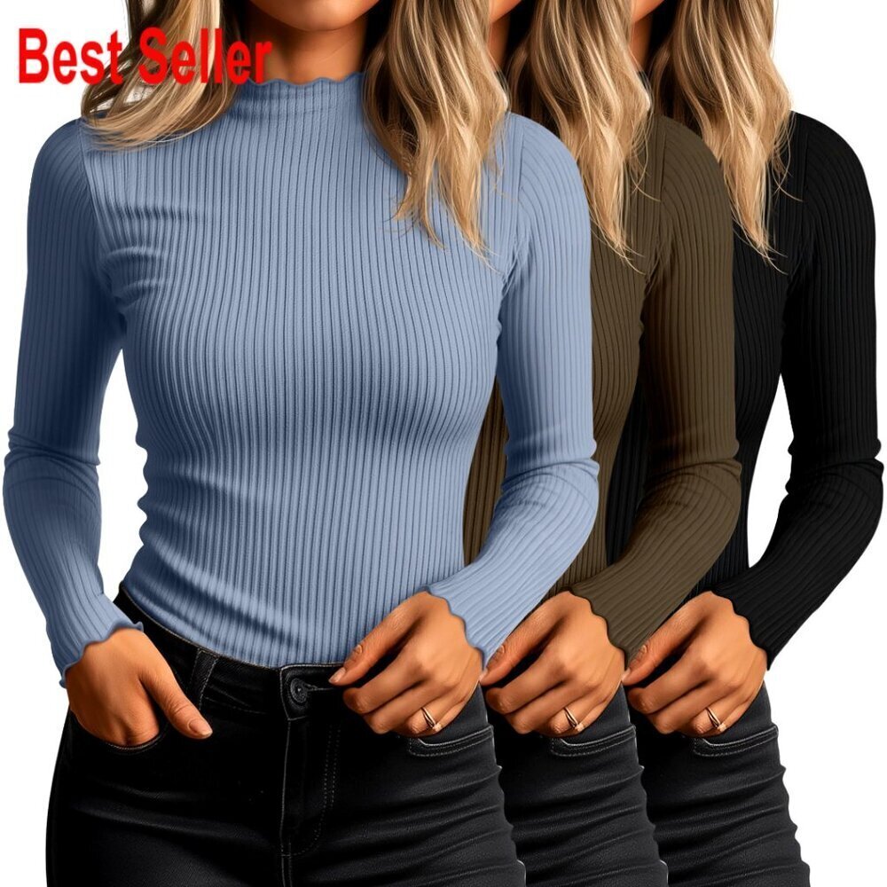 3 Pack Women's Mock Turtleneck Cotton Tops Ribbed Long Sleeve Slim Fit